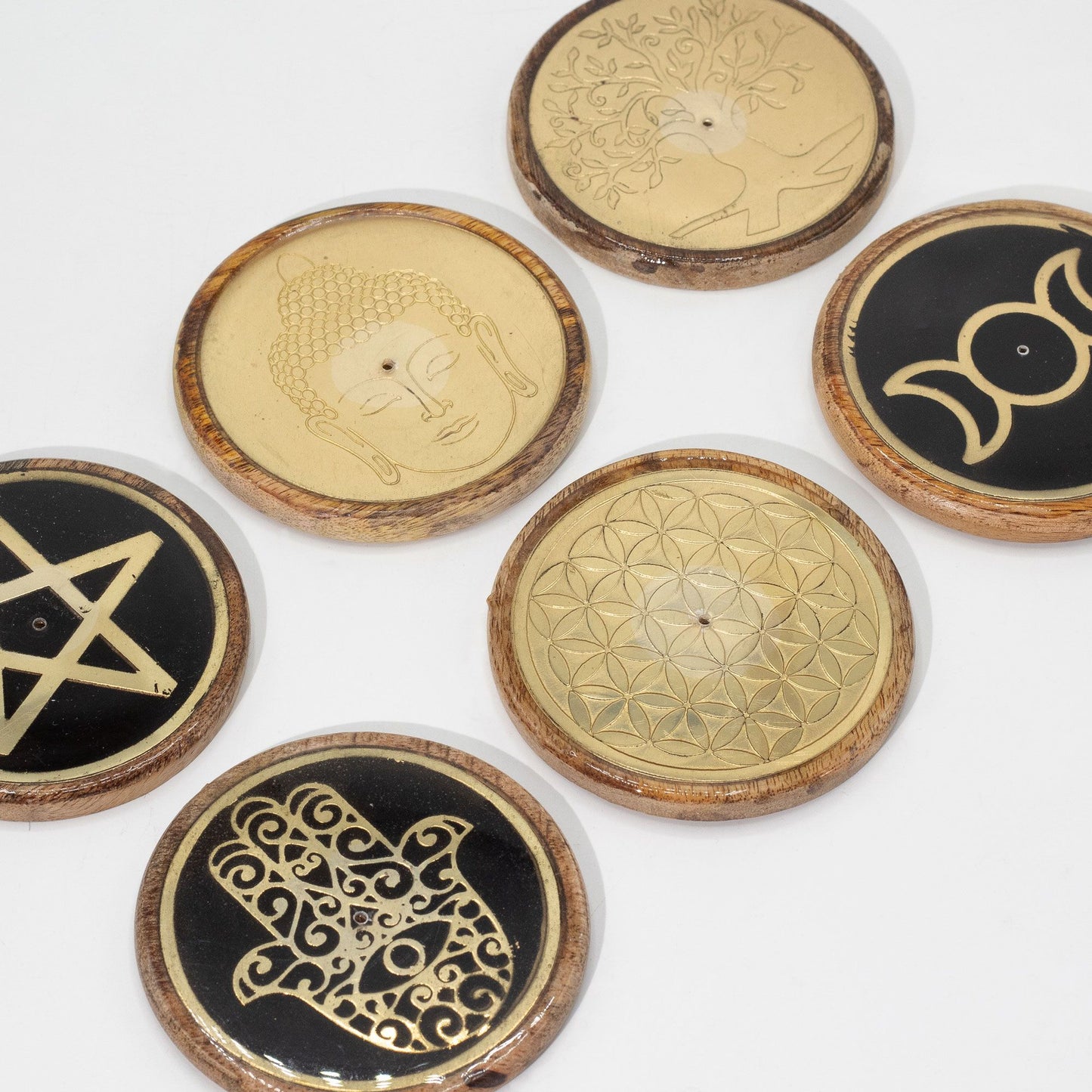 Quemador de Incienzo de Madera de Mango con Figura de Flor de La Vida