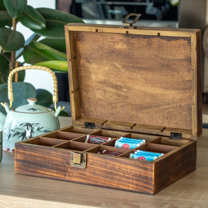 Caja de Té en Madera Tallada con 12 compartimentos