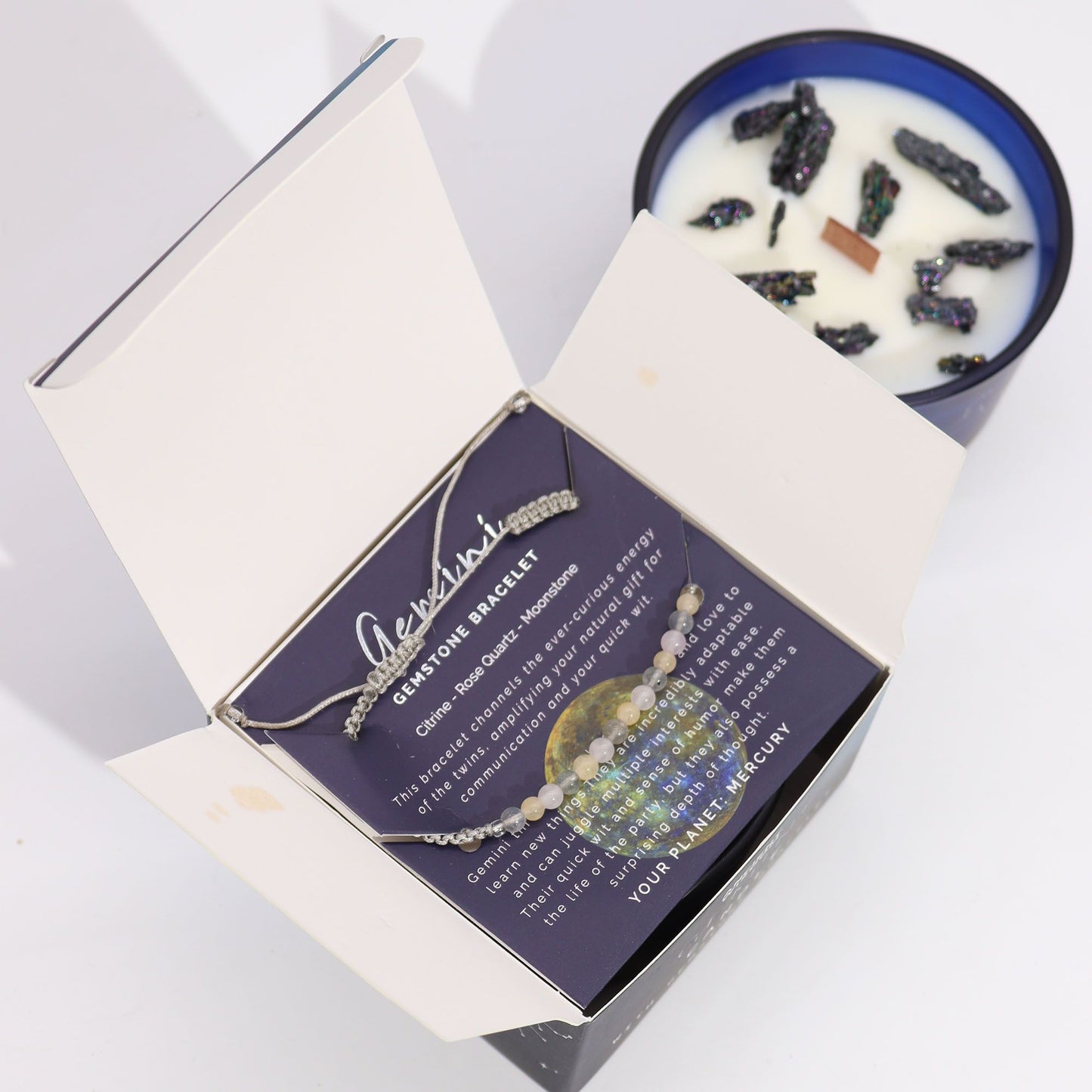 Vela de Cristal del Zodiaco con Pulsera de Piedras Preciosas - Signo Géminis