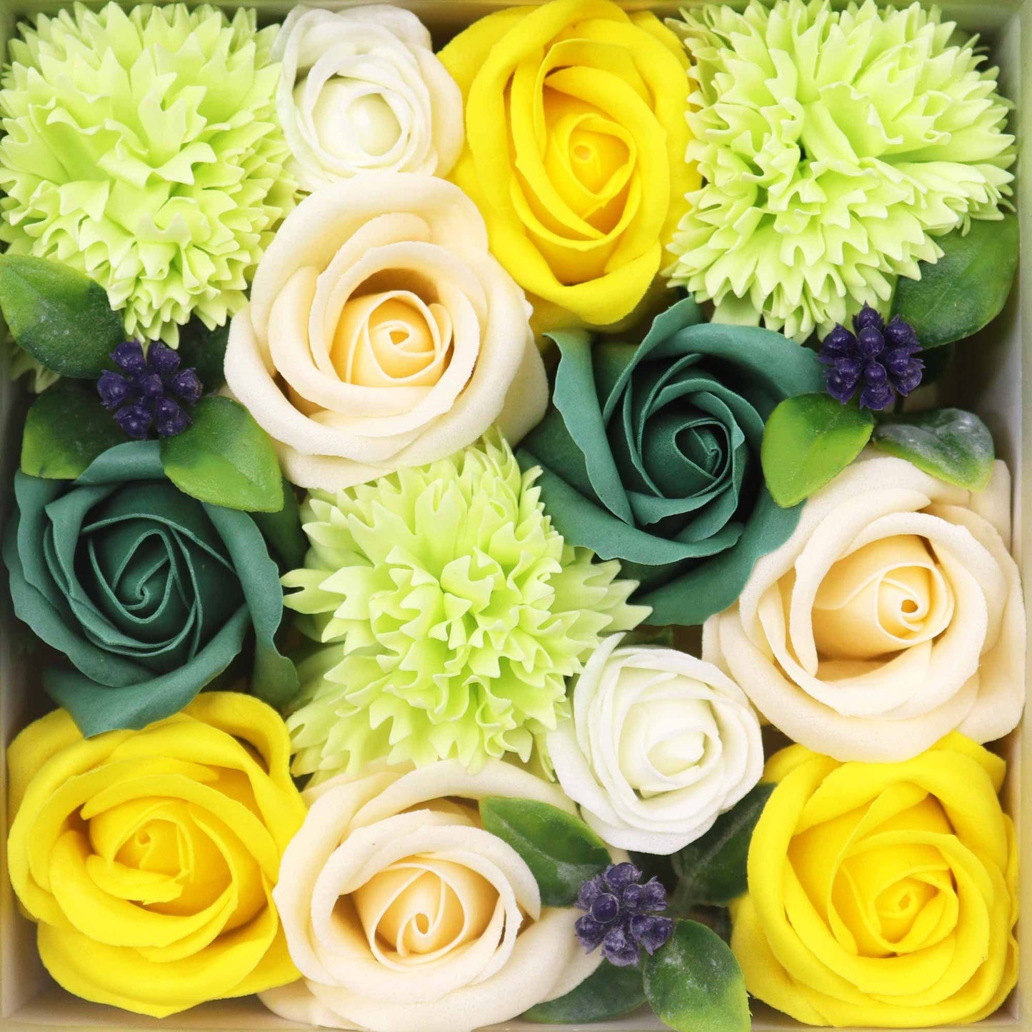 Caja Cuadrada - Celebraciones de Primavera - Amarillo y Verdes - Flores de Jabón