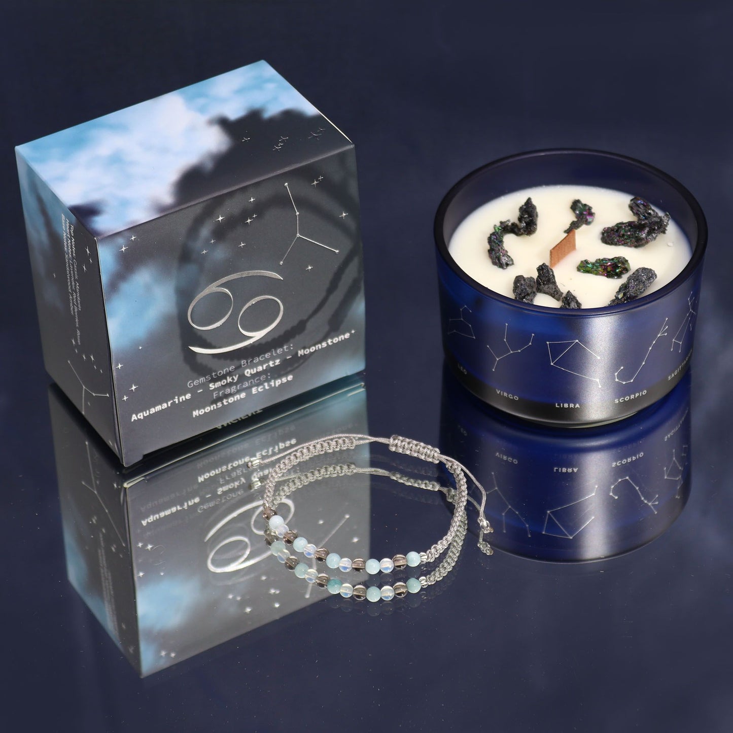 Vela del Zodiaco Signo Cáncer con Cristales y Pulsera de Piedras