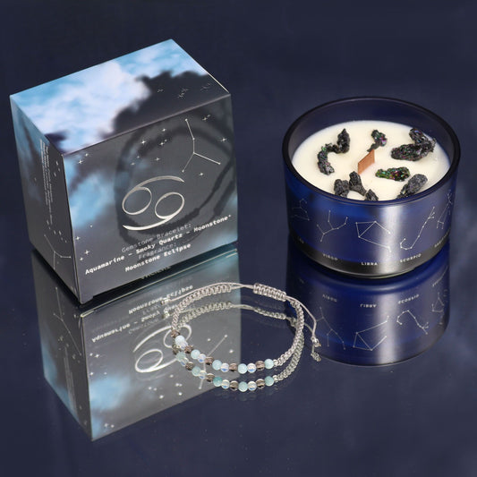 Vela del Zodiaco Signo Cáncer con Cristales y Pulsera de Piedras