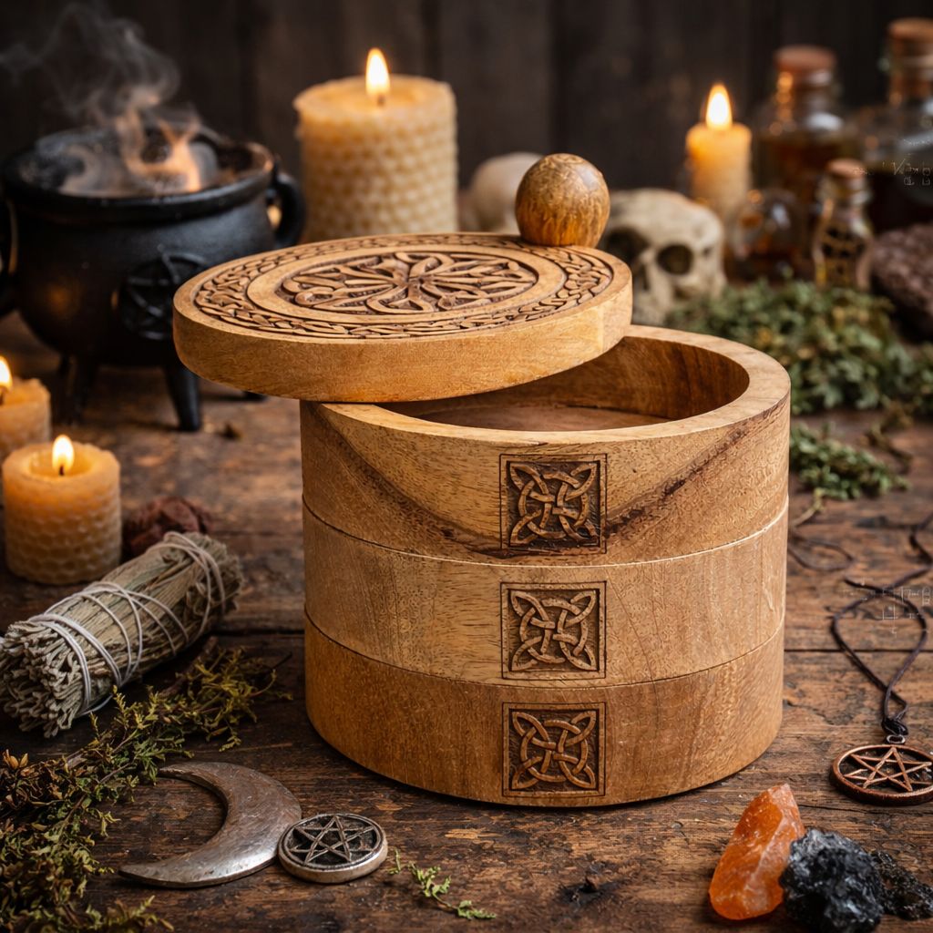Caja giratoria de tres niveles tallada al estilo celta