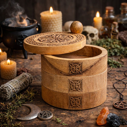 Caja giratoria de tres niveles tallada al estilo celta