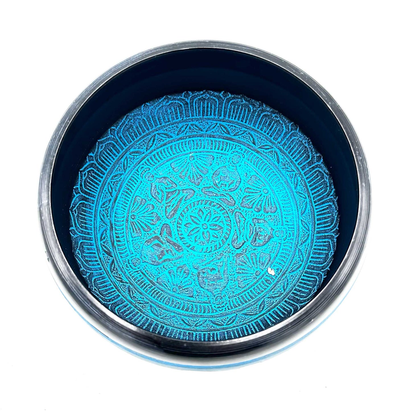 Cuenco Tibetano de Polvo de la Tierra con Figura de Cinco Budas y Mantra Azul (16cm)