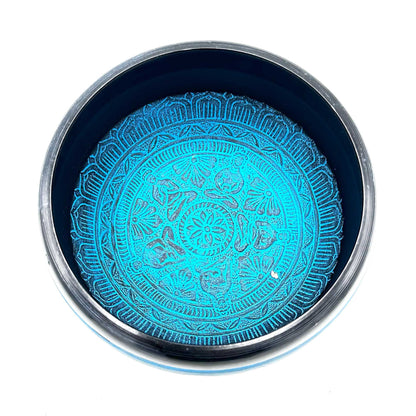 Cuenco Tibetano de Polvo de la Tierra con Figura de Cinco Budas y Mantra Azul (16cm)