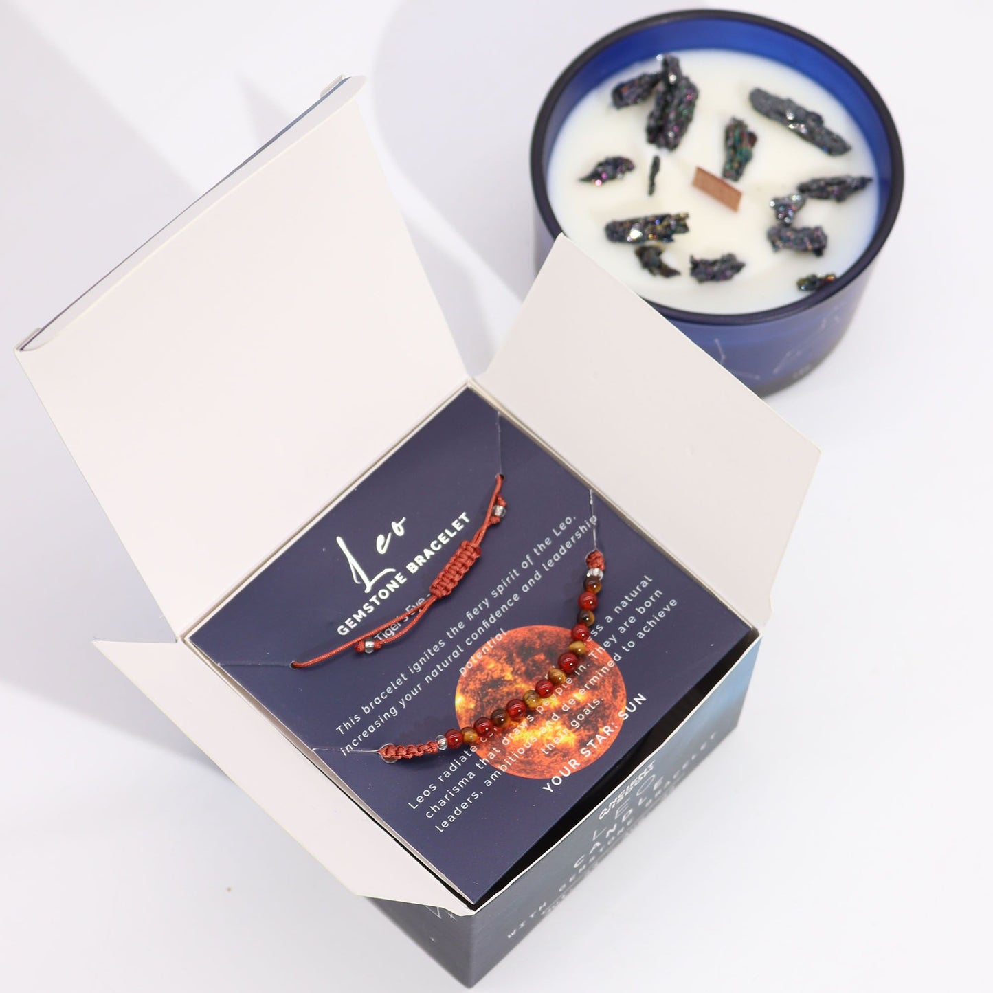 Vela de Cristal del Zodiaco con Pulsera de Piedras Preciosas - Signo Leo