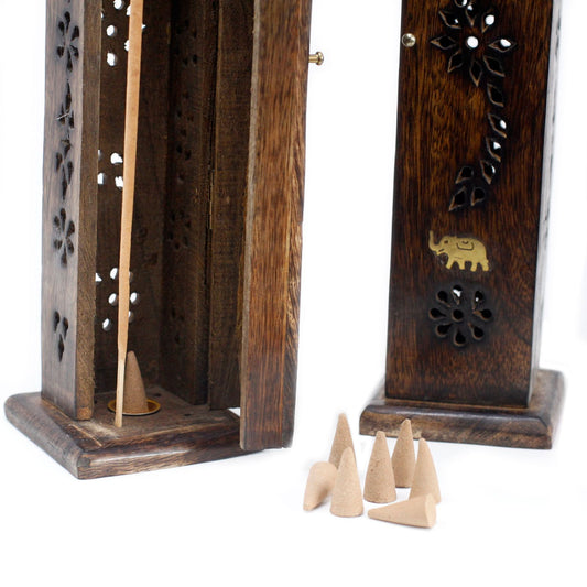 Quemador Hexagonal en Madera de Mango para Incienso con Incrustaciones de Cobre