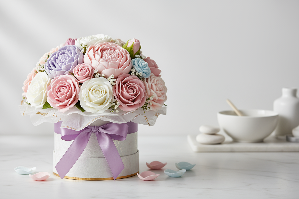 banner para promocionas ramos de flores de jabon