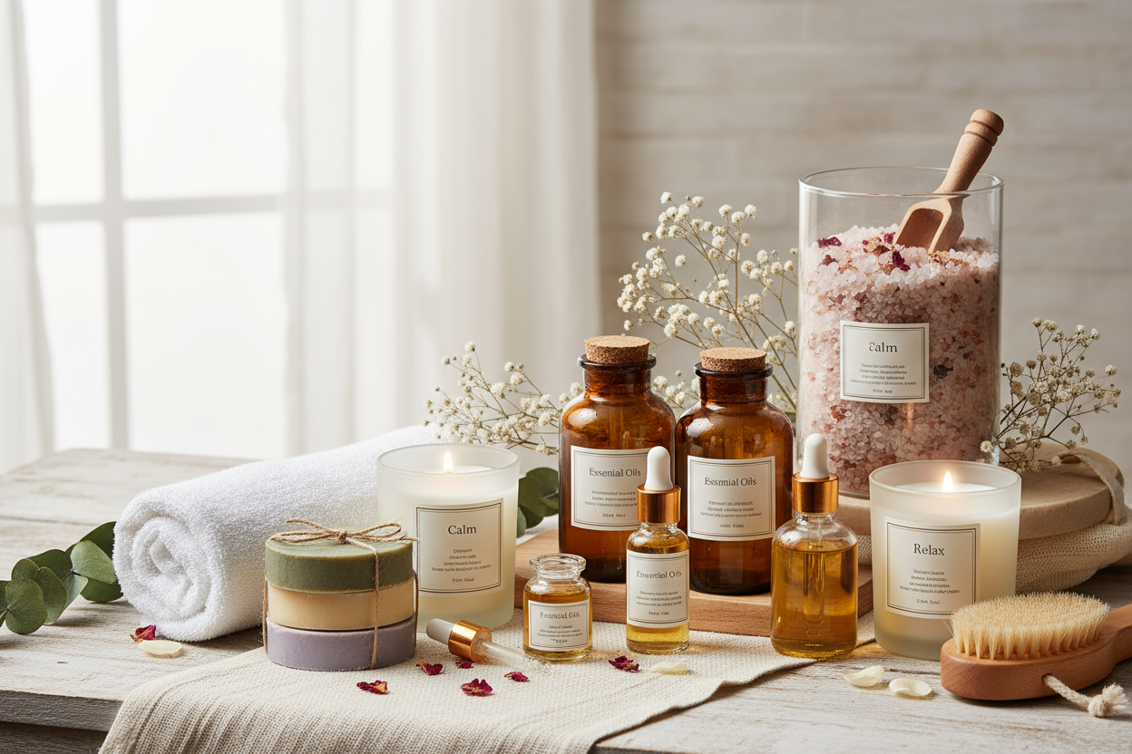 crear imagen para el banner promocional de packs y set de regalos de aromaterapia, velas, accesorios y baño entre otros