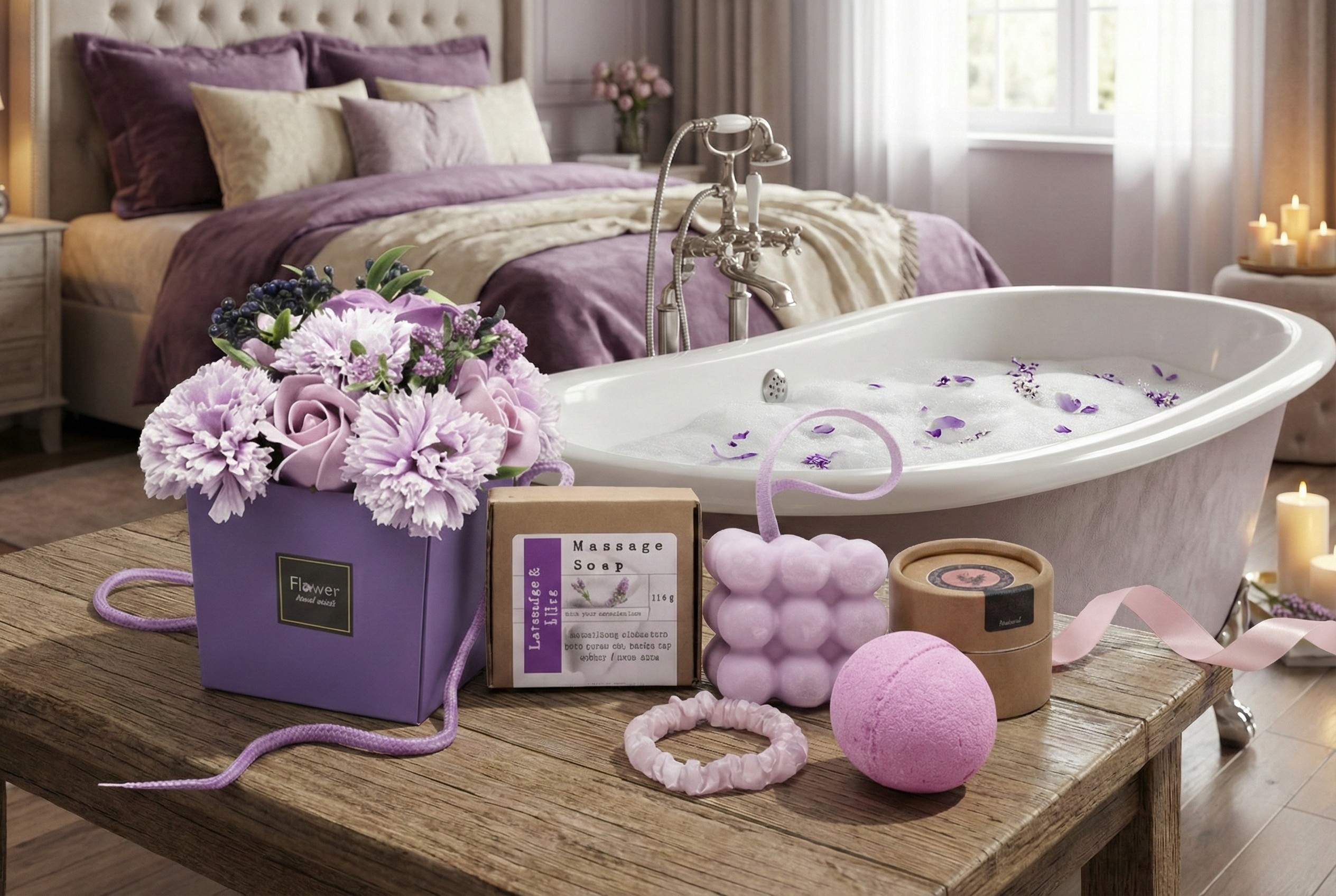 Ritual Amor con Calma y Protección | Kit Relax con Flores de Jabón, Bomba de Baño y Pulsera de Cuarzo Rosa