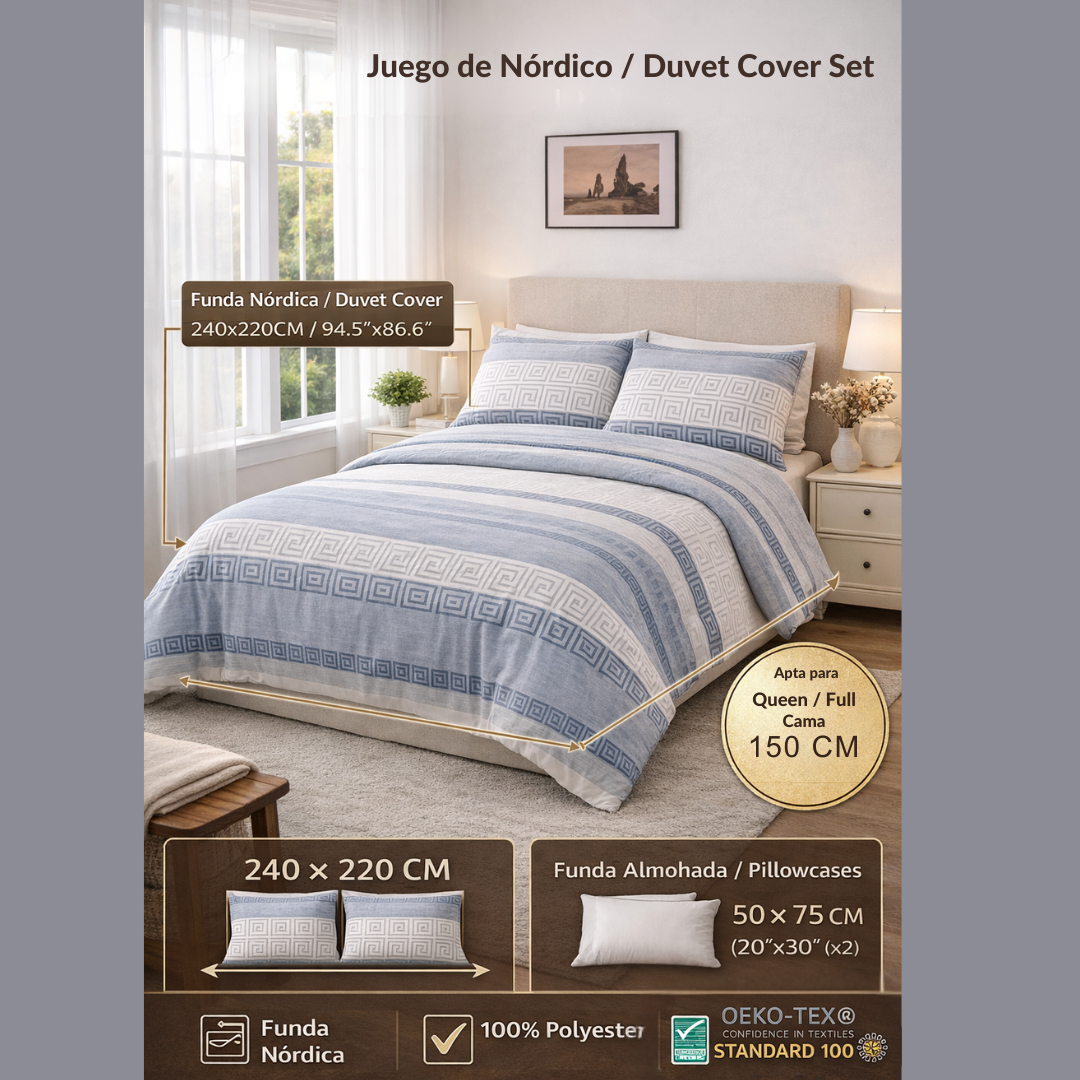 Funda Nórdica Estilo Nórdico Azul 240x220 cm – Cama 150 cm